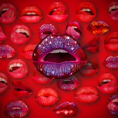 Lips and mouth. Open sexy mouth. Female lip in red background. Woman lips.