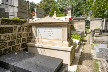 Grave of Alphonsine Plessis (Lady of the Camellias), in the Montmartre Cemetery, built in early 19th century, Montmartre district, where many famous artists are buried.