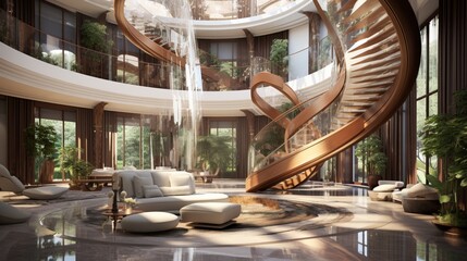 Contemporary luxury mansion interior with spiral stairs 8k,
