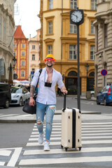 Man with luggage for vacation, trip. Man tourist with travel bag. Photo of man travel with travel...