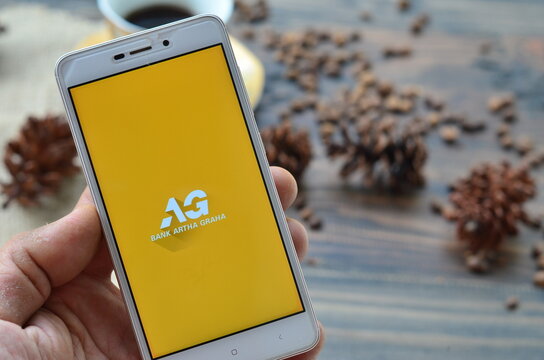 Bekasi, Indonesia -May 2, 2021 : Bank artha graha on smartphone, popular bank company in indonesia