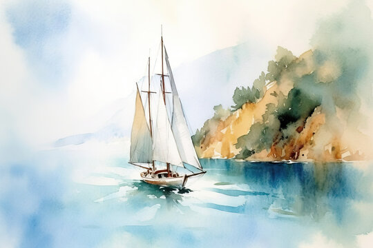 Watercolor sailboat sailing near the beautiful island.