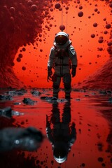 Astronaut in a strange planet, in the cave with surrounded by red spheres.
