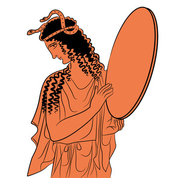 Ancient Greek woman holding tambourine or mirror with snakes in her hair. Vase painting style. Isolated vector illustration.