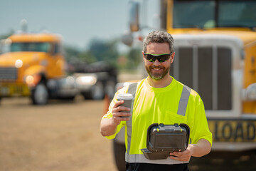 Man driver with lunch box. Truck driver having take away lunch drink coffee to go. Happy hispanic...