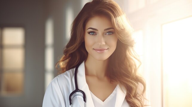 Beautiful female doctor smiles at camera while standing at hospital