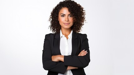 Confident business woman in a suit stands in an office with a smile