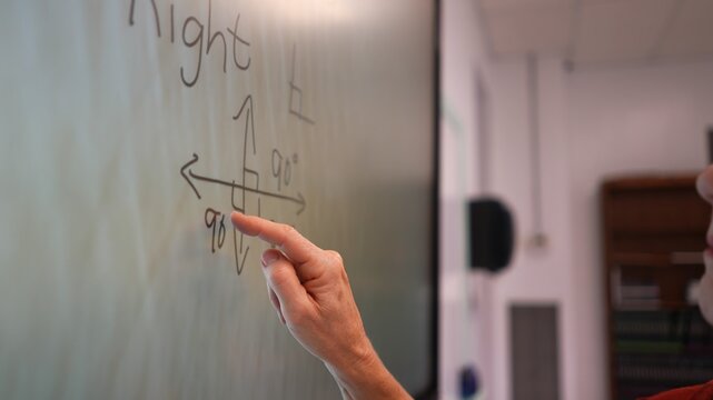 Extreme closeup of finger drawing on interactive whiteboard or smart board then turning to reveal woman teachers face in a school classroom.