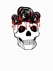 Halloween Skull with bloody roses as design element. Hand drawn digital illustration. Isolated on white background.