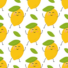 Seamless pattern of cute colorful yellow lemons. Banner, flyer, wallpaper, fabric design. Vector flat illustration.
