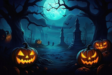Fototapeta premium Halloween spooky background, scary jack o lantern pumpkins in creepy dark forest with bats, spooky trees, moon and old house Happy Haloween ghosts horror gothic mysterious night moonlight backdrop.