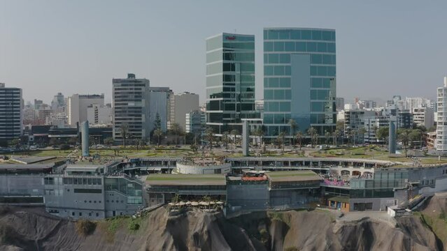 Aerial view of Miraflores district and Larcomar, Panoramic aerial view of Lima city, in Peru.