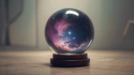 a glass ball with a picture of the sky inside of it on a wooden stand on a table top