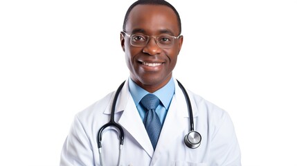 Fototapeta premium Smiling Doctor Portrait: A friendly and approachable African-American male doctor wearing glasses and a white coat smiles warmly at the camera, conveying trust and expertise.