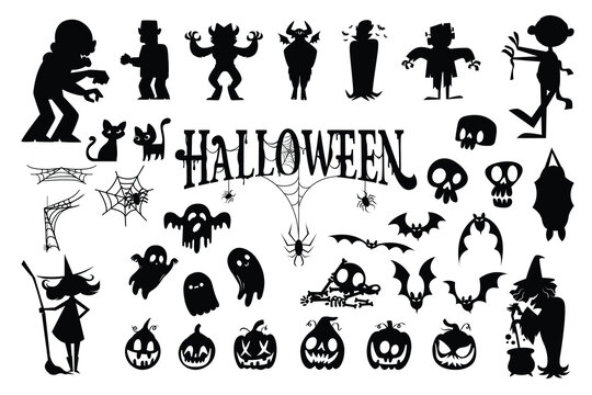 Set of happy halloween silhouette, isolated on white background