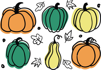 Fall decoration Hand drawn pumpkins with leaves.