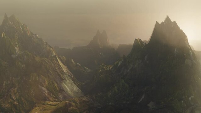 3d render of mysterious mountain range and swirling mist