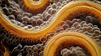 This macro image reveals a bacillus in a spiral formation. The curved bacterium has a thick cell wall composed of dark yellowbrown granules that give it a honeycomblike - obrazy, fototapety, plakaty