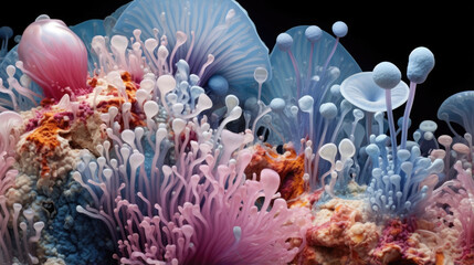 In this macro image of a microbial landscape multitudes of organisms from different kingdoms interact many of which are prokaryotes and microscopic in size. Spherical