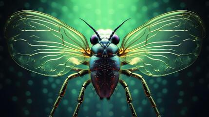 An iridescent green microscopic insect no bigger than a pinhead detailed with intricate creases and wrinkles along its wings. Its two antennae are partially folded