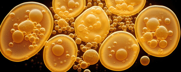A macro image of Saccharomyces cerevisiae displays an ovalshaped yeast cell which exhibits a brownishgold hue. Its surface is marked by small punctations and the - obrazy, fototapety, plakaty