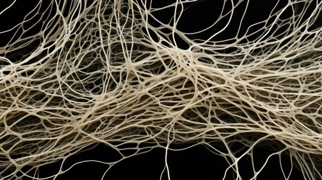 Magnified Penicillium appears as a mass of white filamentous strands intertwined in an intricate pattern. The mass has a velvety texture with an underlying hint - Powered by Adobe