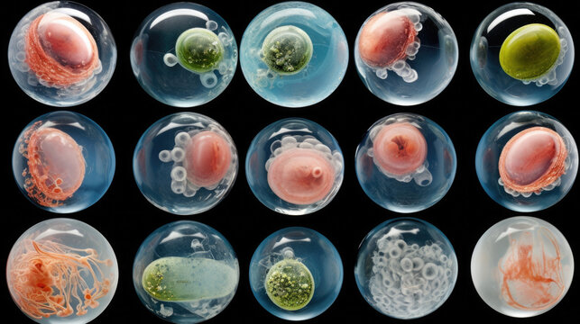 This macro image shows a variety of microscopic embryos in various stages of development. The photograph is quite detailed and the embryos range from newly formed