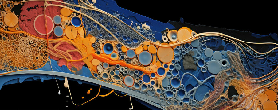 A magnified view of a thin section of a mammalian cell membrane reveals myriad details. Numerous proteins are embedded within the phospholipid bilayer and their