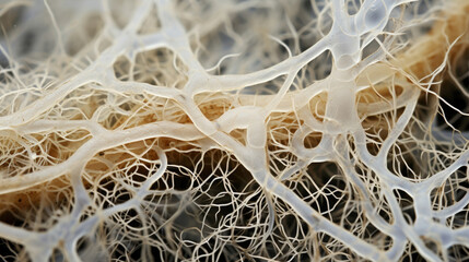 The macro photograph reveals an extensive network of microscopic fungal hyphae in creamywhite hues. It ss out of the foreground of the image meandering off in different - obrazy, fototapety, plakaty