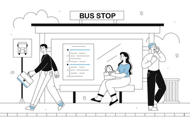 People at bus stop vector line concept