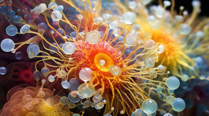Fototapeta na wymiar A beautiful and dynamic macro photo of the microbial universe. The colorful spectrum of organisms is clearly depicted ranging from yellow to red and blue. A variety