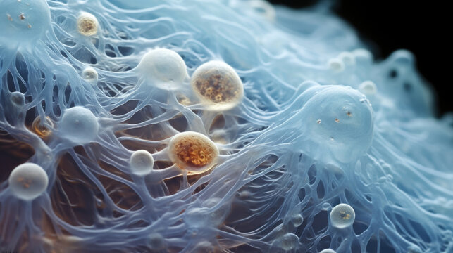 This macro image shows a singlecelled amoeba at a high magnification. Its gelatinous body is covered in a network of small s which may be formed by osmotic pressure