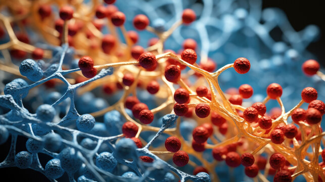 A macro image of glycoproteins would show the intricate interactions between proteins and carbohydrates. These molecules are responsible for many different processes