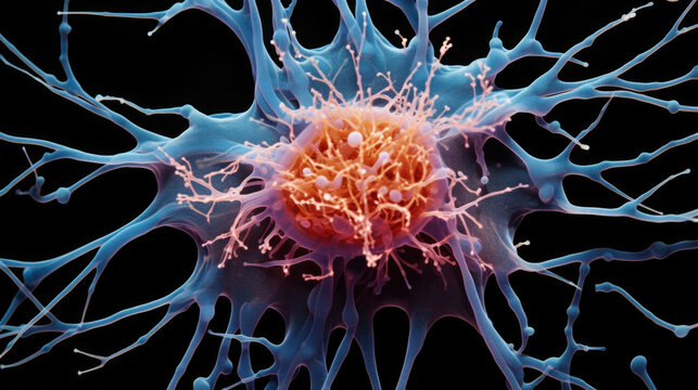 Astrocyte This highmagnification image shows a detailed view of an astrocyte cell. It features an ovular nucleus surrounded by a dense arrangement of elongated neural