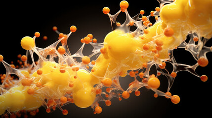 An image of an enzyme catalysis shows a dynamic molecular reaction with particles constantly moving in all directions. In the center of the image a pale yellow enzyme