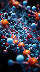 In the macro image of enzyme catalysis several molecules of different sizes and shapes can be seen darting rapidly around the area. The larger molecules are visibly - obrazy, fototapety, plakaty