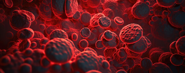 A macro shot of red cells presents the viewer with a composition of tiny lighter red circles inside larger darker red circles. The round red cells have small circular