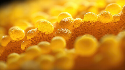 macro image features a closeup of tiny yellow cholesterol granules. The size and shape of these cholesterol particles varies slightly across the entire image. Closer