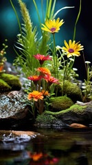 In this macro image a miniature wetland comes alive with a variety of colors and textures. A bright flowers and lush grasses dominate the bottom half of the photograph