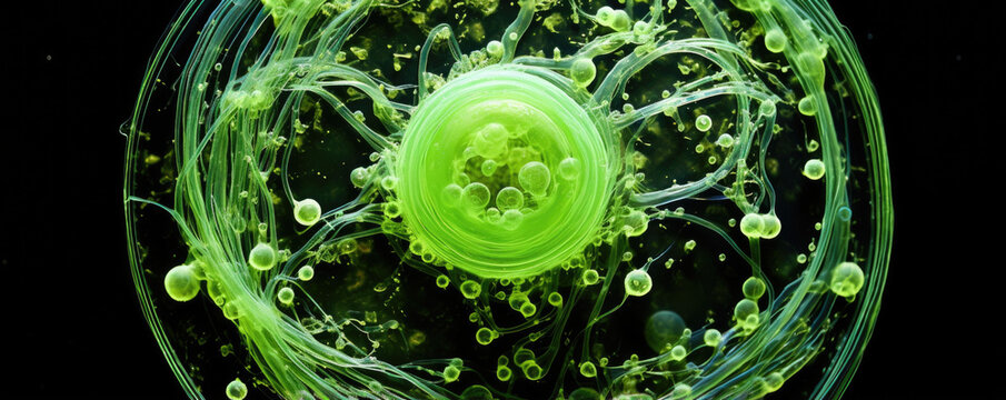 A macro image of a Chlamydomonas cell reveals a single celled green alga with a round shape and a single cupshaped chloroplast. At the anterior end of the cell two