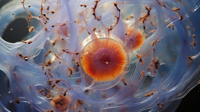 This macro image of an Acanthamoeba reveals its unique disclike shape. Its nucleus is surrounded by a thin transparent membrane and small chunks of cytoplasm that