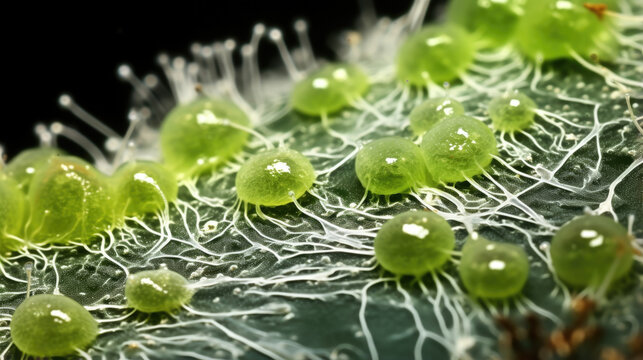 A macro image of Chlamydomonas displays a sphereshaped cell with short fine hairs sticking out from its membrane surface. The alga is green in color due to the presence