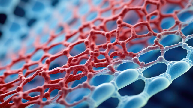 The image is a closeup of the lipid bilayer revealing the intricate structures of the individual molecules and the arrangement within the membrane. The molecules