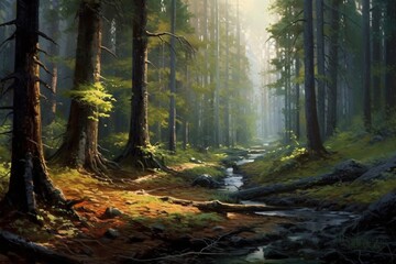 Autumn forest with a river in the foreground. Digital painting.