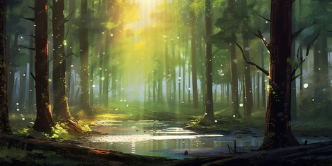 Fantasy forest with fog and sunlight. 3d render illustration.