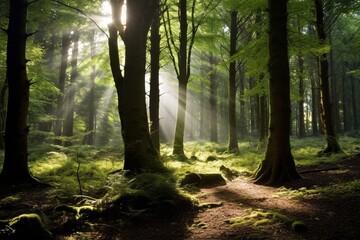 Sunlight in the green forest with a path leading to the sun