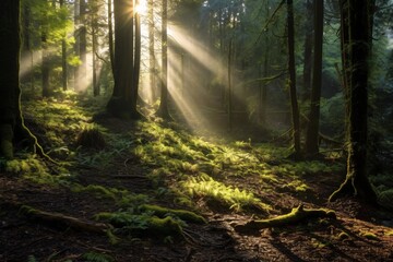 Sunlight in the morning in the forest. Beautiful natural landscape.