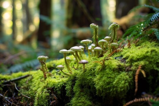 Mushrooms growing in a mossy forest floor. Shallow depth of field