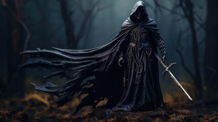 Dd in the shadows of a darkened landscape the Necrolytes back is a menacing sight to behold. His hooded skeletal figure is clad in a spiked plate mail with a long black cloak - obrazy, fototapety, plakaty
