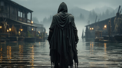 Standing firm on a misty dock the master archer had one hand on the bow as if checking its readiness. His form dressed in leather and mail armor atop his head was a hooded - obrazy, fototapety, plakaty